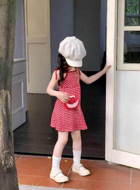 韩版夏季韩版女童显白红色格子系绳吊带裙连衣裙洋气zm24088B类棉