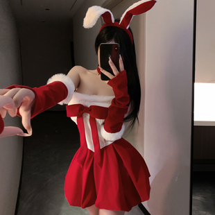 女 旦制服套装 冬日限定 红色氛围感圣诞丝绒蝴蝶结睡裙性感新年元