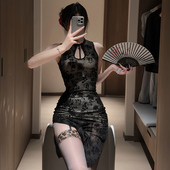 新中式 旗袍性感高开衩复古镂空睡裙纯欲气质包臀裙女 刺绣网纱修身
