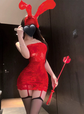 红色辣妹复古蕾丝一字肩抹胸包臀裙夜店风情调内衣透视收腰连衣裙