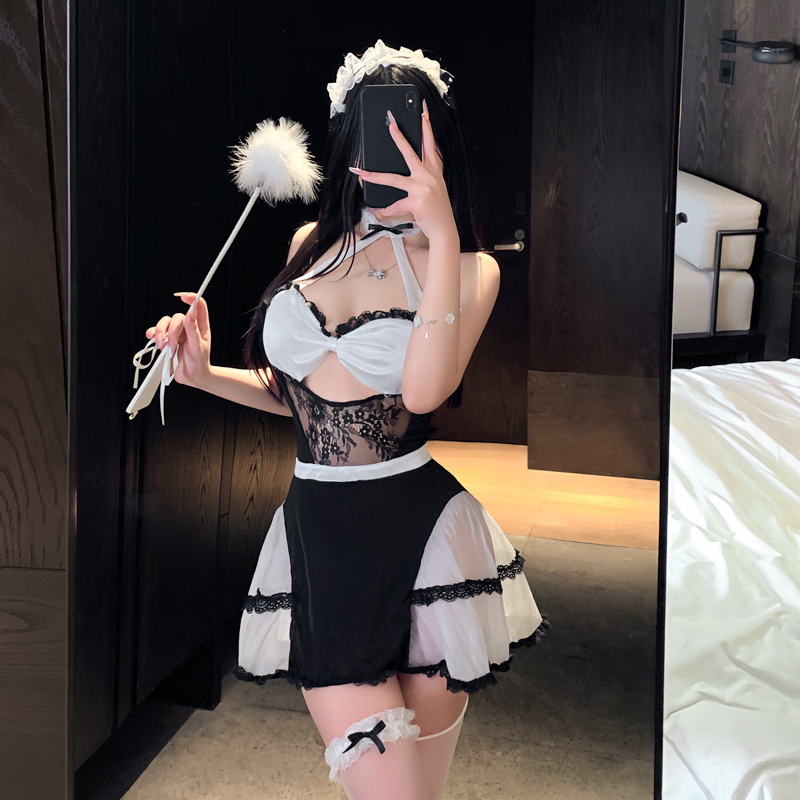 心机女仆*纯欲挂脖蕾丝花边女佣制服性感透视短裙套装可爱趣味女