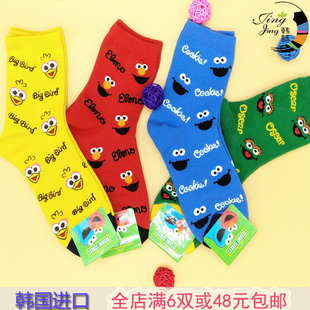 芝麻街袜子女卡通棉袜sesame street韩国进口wazi糖果色学院风