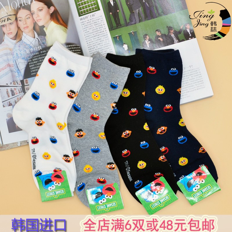 进口芝麻街袜女袜中筒袜纯棉女袜日系女袜可爱韩国动漫卡通东大门