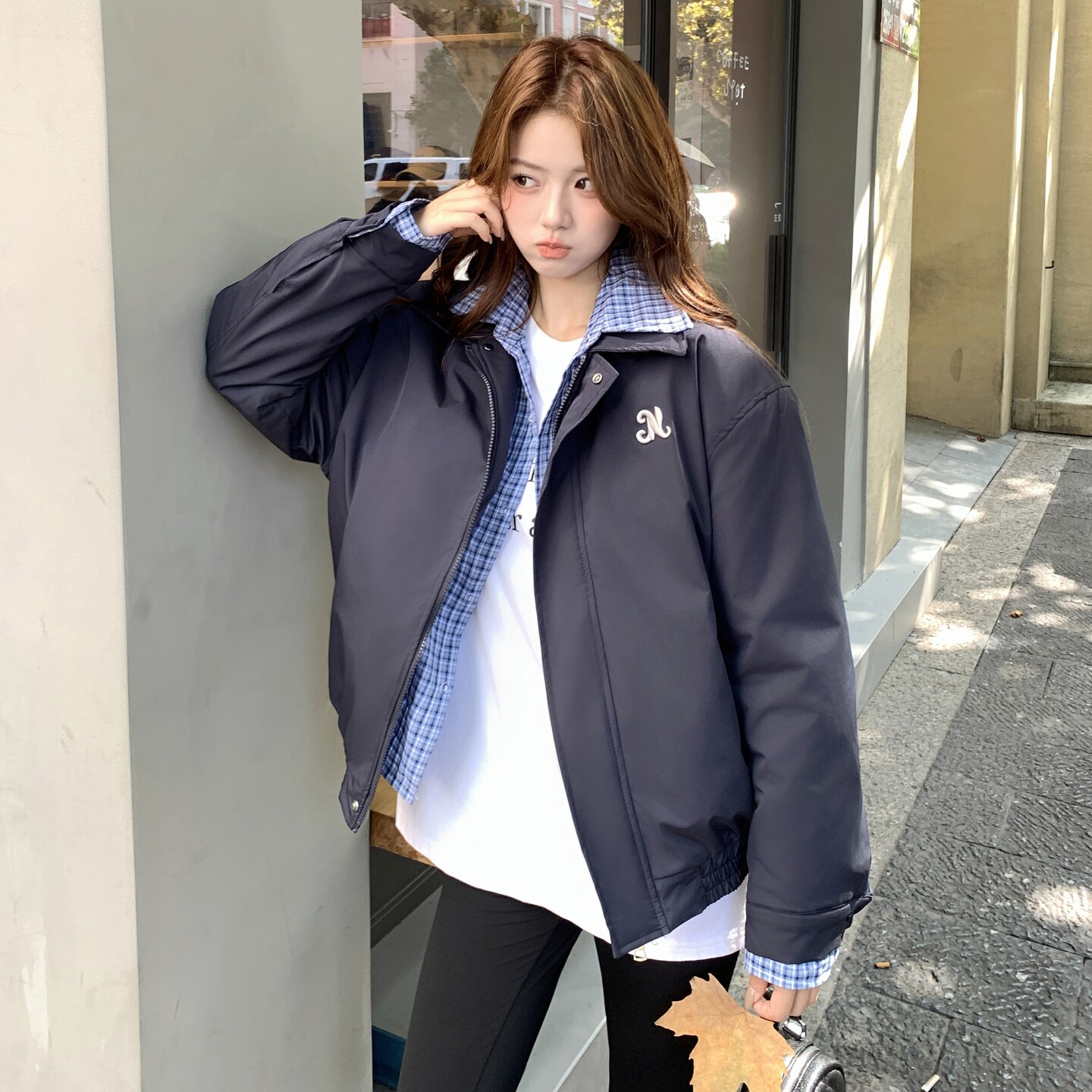 藏青色拼接假两件棉服外套女2025秋冬新款韩版设计感宽松夹克棉衣