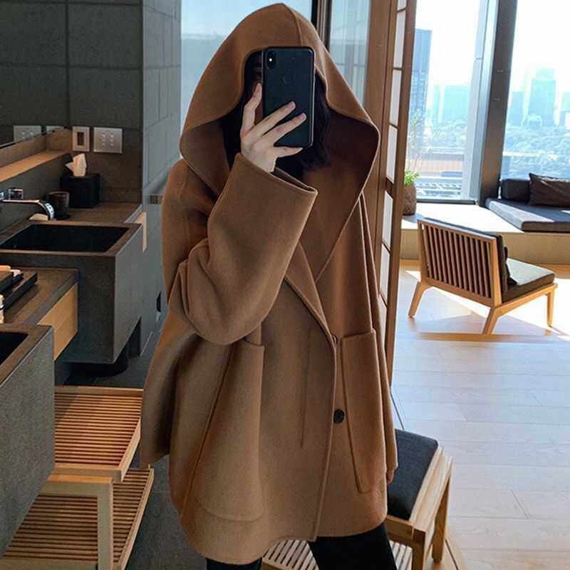 胖MM特大码300斤加厚赫本风双面毛呢外套女春季宽松连帽斗篷大衣2