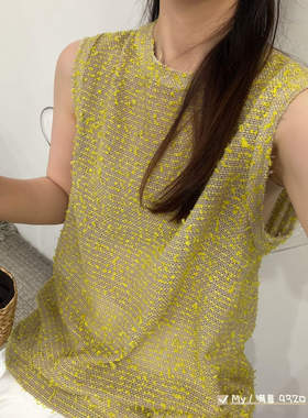 新中式黄色印花无袖背心女夏时尚圆领镂空百搭洋气麻料上衣