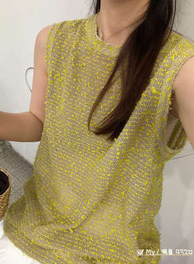 新中式黄色印花无袖背心女夏时尚圆领镂空百搭洋气麻料上衣