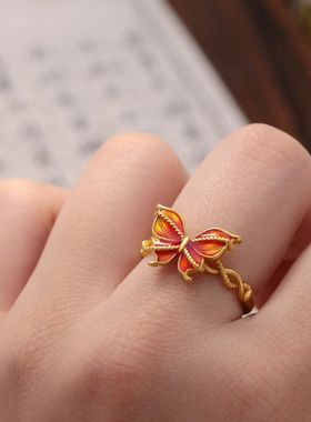 古法沙金珐琅拉丝蝴蝶戒指女轻奢小众设计感高级食指戒送女友礼物