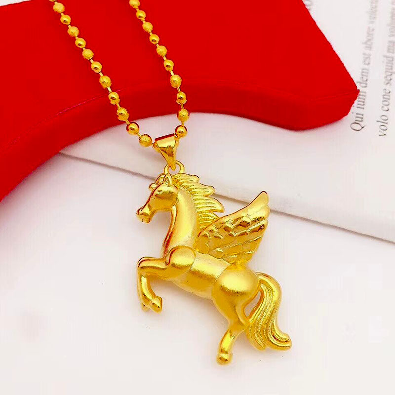 新款欧币沙金马吊坠项链黄铜镀金独角神兽飞马项链男女仿黄金饰品