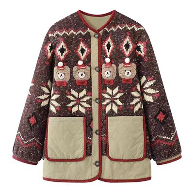 拼接风小熊图案夹棉外套女