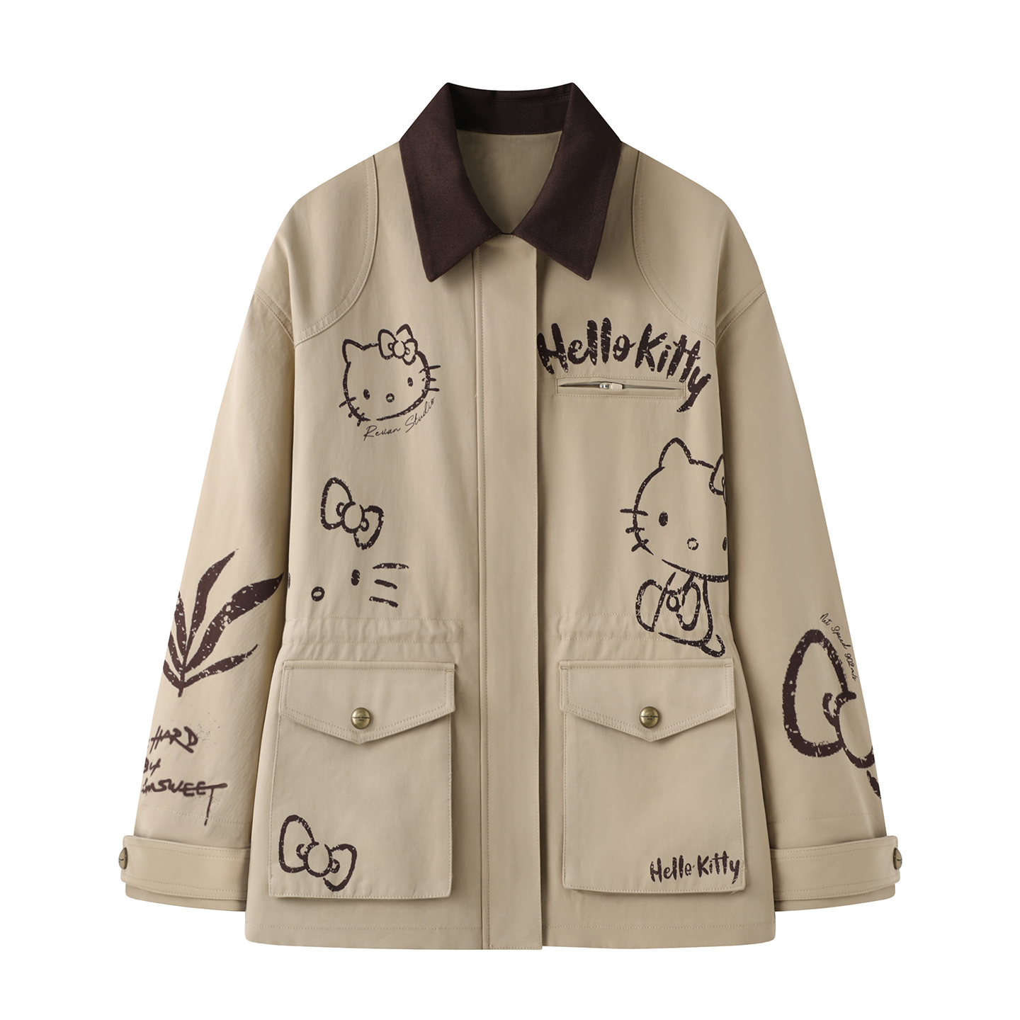 时尚百搭撞色翻领猫咪印花外套女