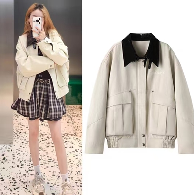 皮质翻领拉链休闲外套宽松上衣女