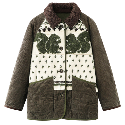 复古费尔岛灯芯绒宽松撞色棉服