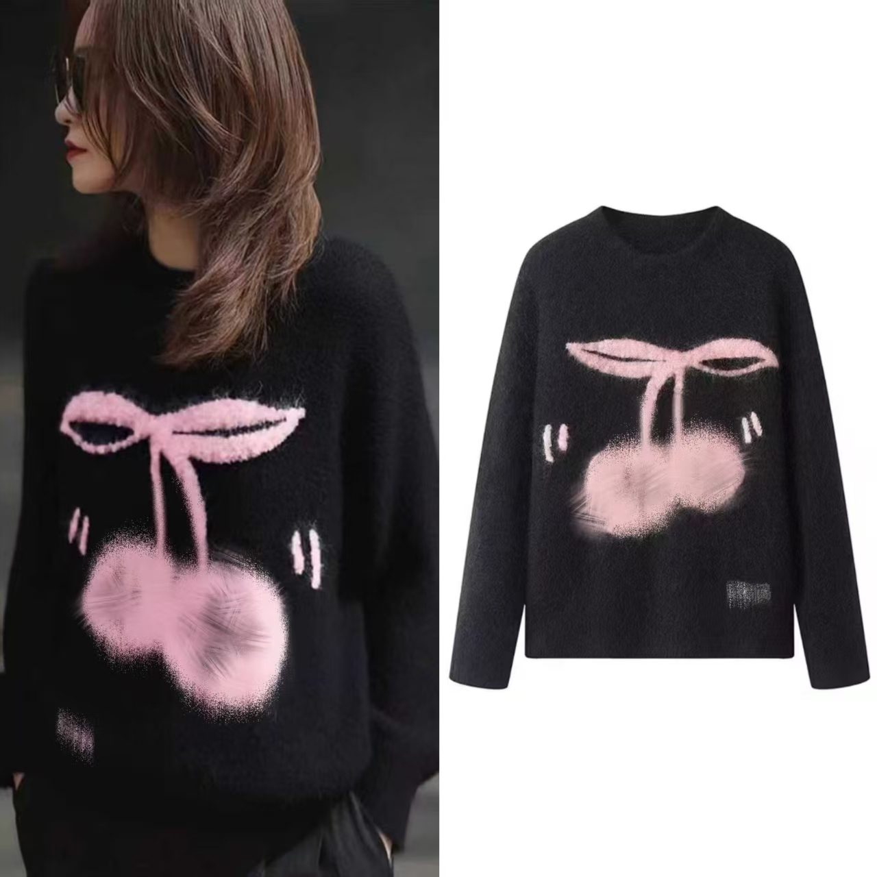 可爱风黑色卡通樱桃针织衫女