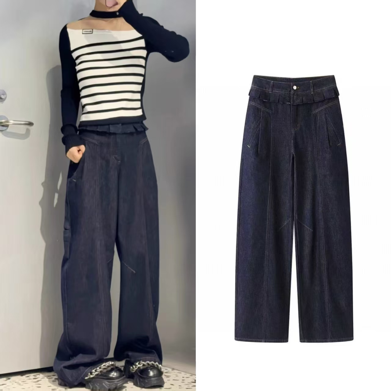 百褶边弯刀牛仔休闲长裤女