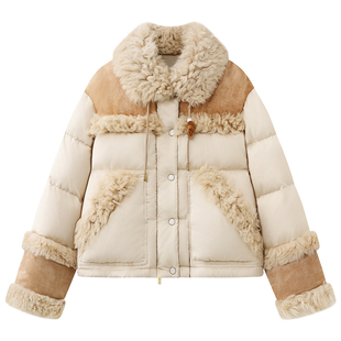CHAONING高端定制2025冬季新款时尚暖色皮毛拼接羊羔毛羽绒服女