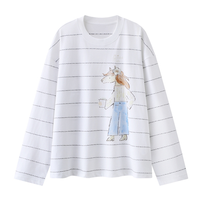 条纹卡通印花长袖T恤女