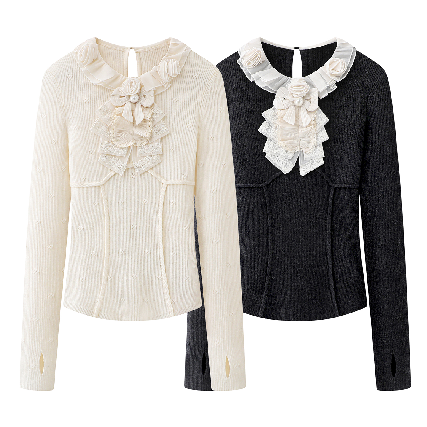 立体花朵荷叶领修身针织衫