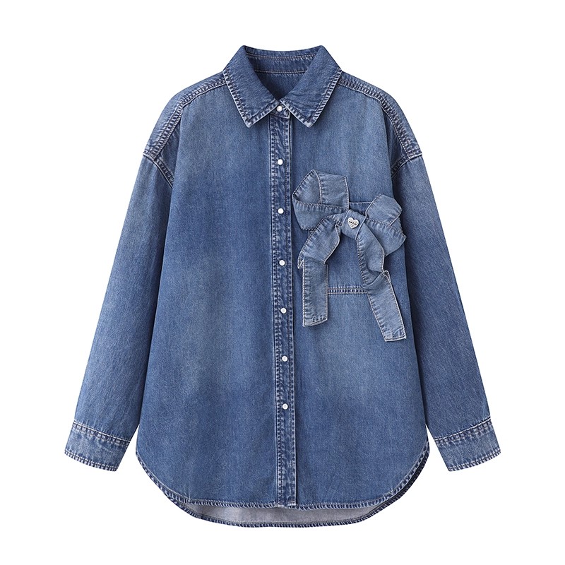 宽松蝴蝶结显瘦休闲牛仔衬衫