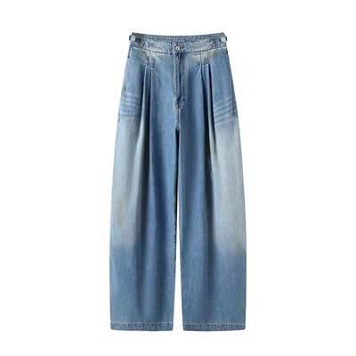 高腰水洗蓝色阔腿牛仔裤女