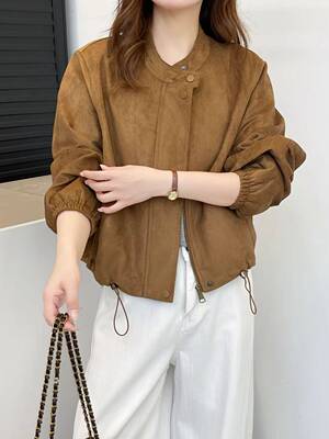 鹿皮绒外套短款早秋新款休闲款卡其色立领女抽绳宽松百搭夹克上衣