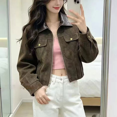 设计感pu领拼接鹿皮绒外套女2026秋季绿色百搭显瘦短款潮流上衣女