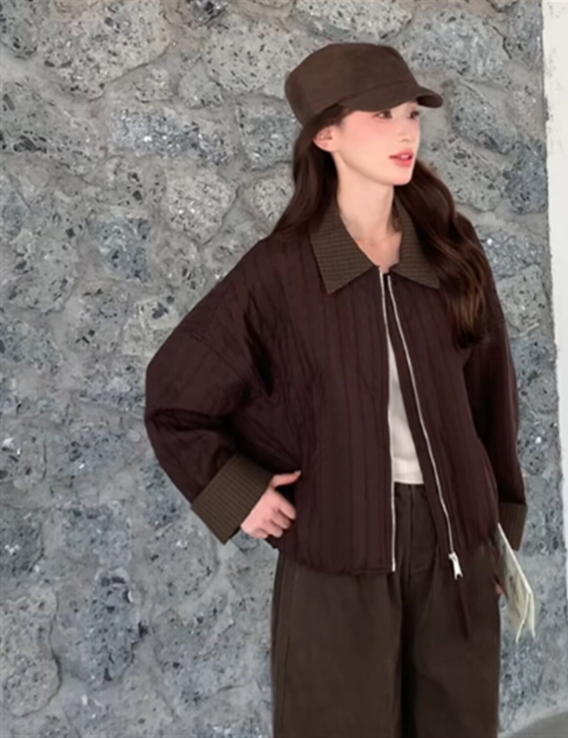 假两件撞色翻领棉服女秋冬季宽松休闲薄款时尚小个子百搭外套上衣