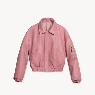 {ATM}26FW AFTERTHEMORNING进口山羊皮粉色廓形皮衣夹克保暖棉服