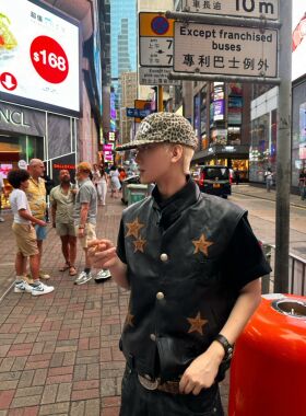 NO MORE FIGHT纯小牛皮羊皮美式复古马甲男女同款星拼皮坎肩外套
