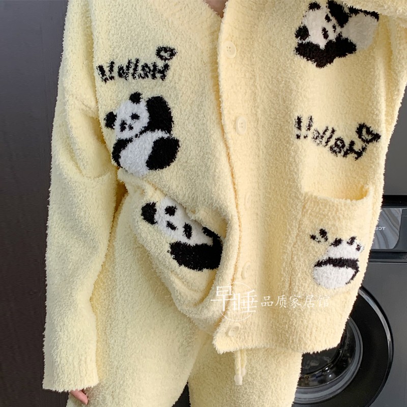 女半边绒保暖熊猫针织开衫睡衣