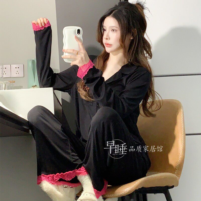 甜美蕾丝开衫长袖莫代尔睡衣女