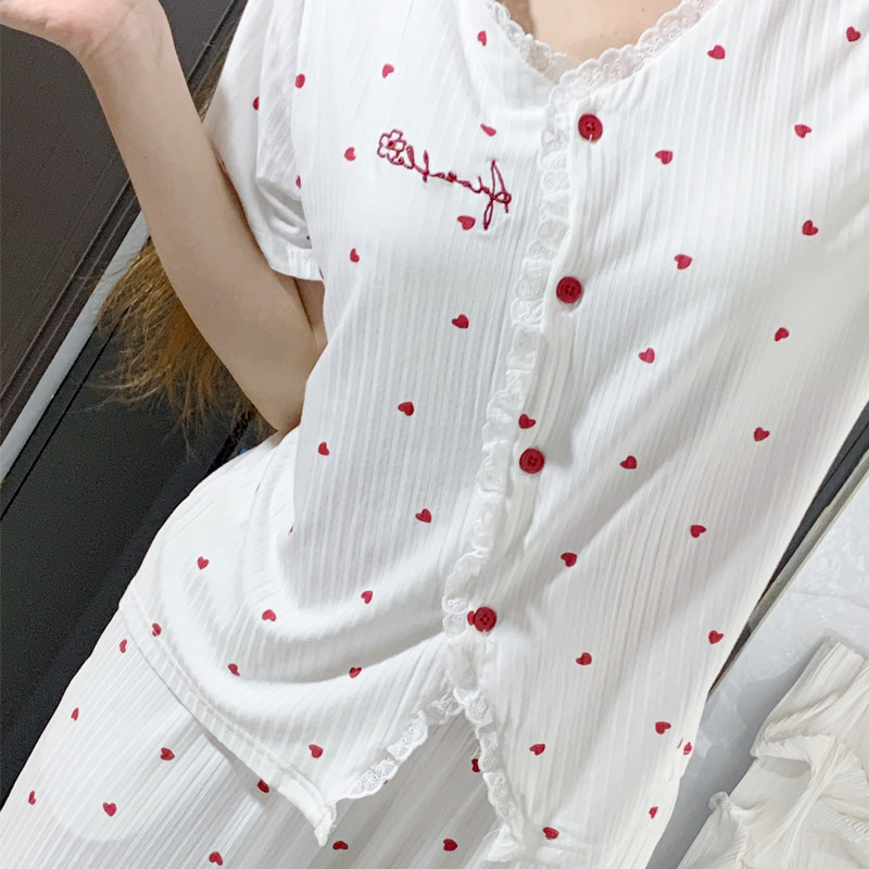 莫代尔带胸垫爱心甜美短袖睡衣女