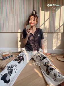 针织棉宽松卡通短袖长裤睡衣女