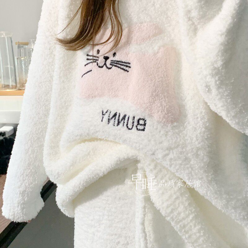 半边绒睡衣女秋冬甜美可爱小兔子软绵绵针织加绒毛线套头家居服