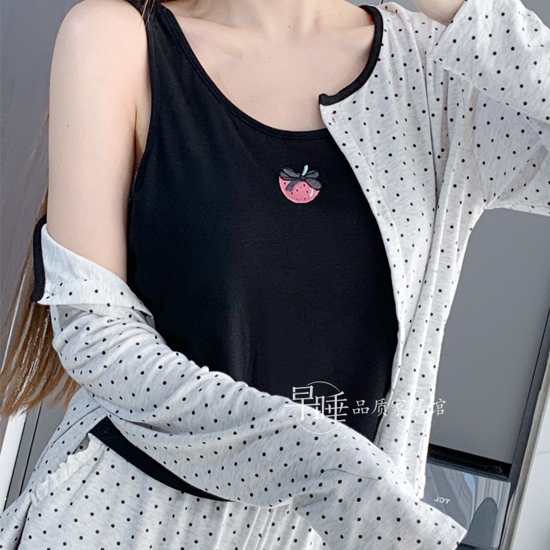 ins莫代尔睡衣女三件套春秋夏长袖背心含胸垫甜美草莓家居服外穿