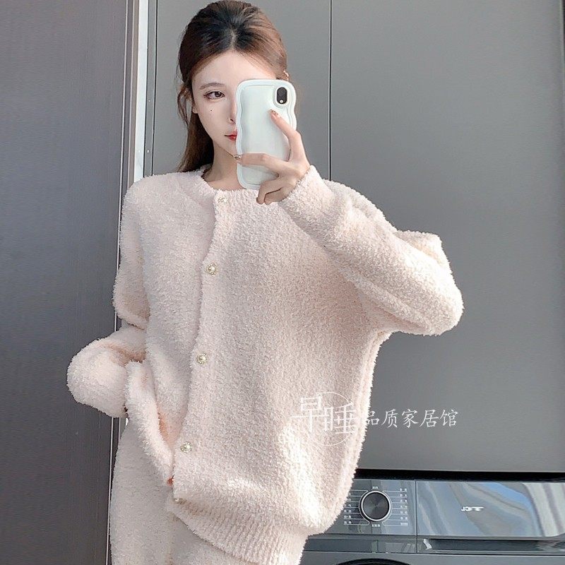女半边绒保暖开衫加厚毛巾绒睡衣