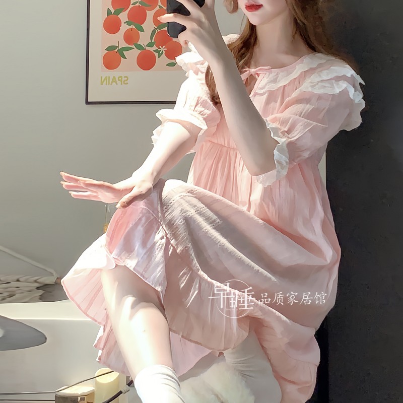 韩国pink法式甜美蕾丝纯棉短袖睡裙中长款公主风睡衣夏季连衣裙