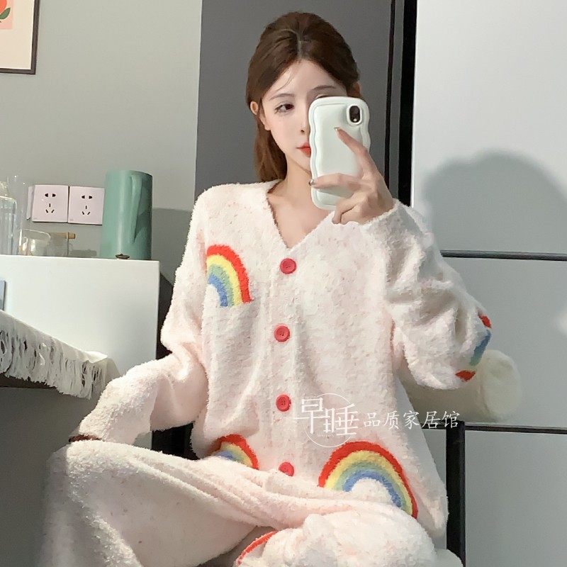 女半边绒睡衣保暖加厚可外穿开衫