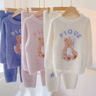 gp晚安小熊一家亲子睡衣男女秋冬保暖加绒儿童半边绒情侣家居服