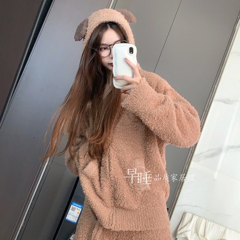 半边绒女宽松拉链帽衫加绒睡衣