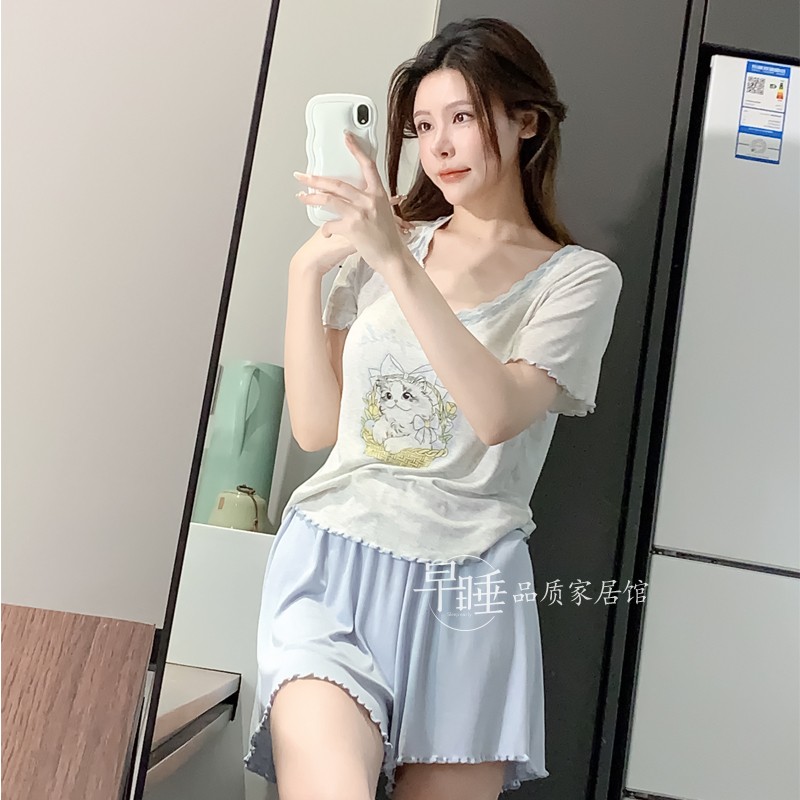 女猫咪短袖三件套胸垫莫代尔睡衣