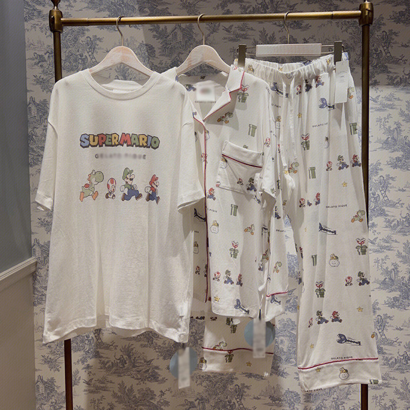 日系可爱卡通马里奥恐龙情侣款睡衣男女纯棉质短袖t恤长裤家居服
