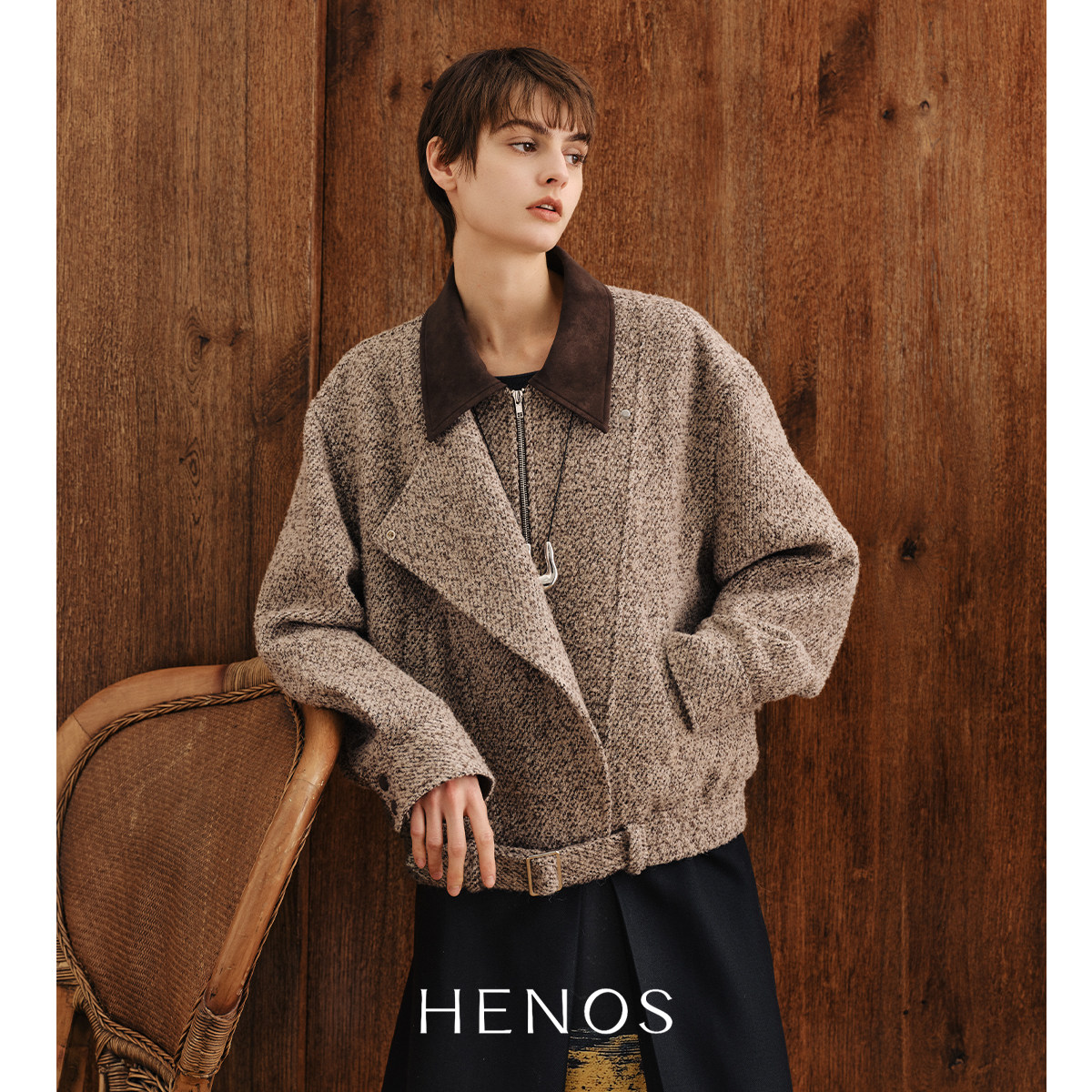 HENOS冬季限量日本进口面料圈圈呢羊驼羊毛经典Y5L风机车夹克外套