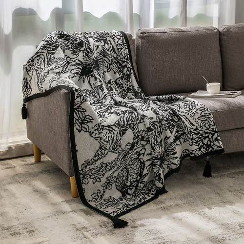 花鸟轻奢毛毯黑白沙发搭毯客厅空调午睡盖毯床尾毯沙发毯法式高级