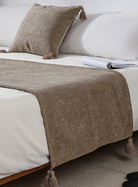 侘寂中古风床尾毯床尾巾搭毯床搭巾盖毯民宿酒店客栈床旗咖色棕色