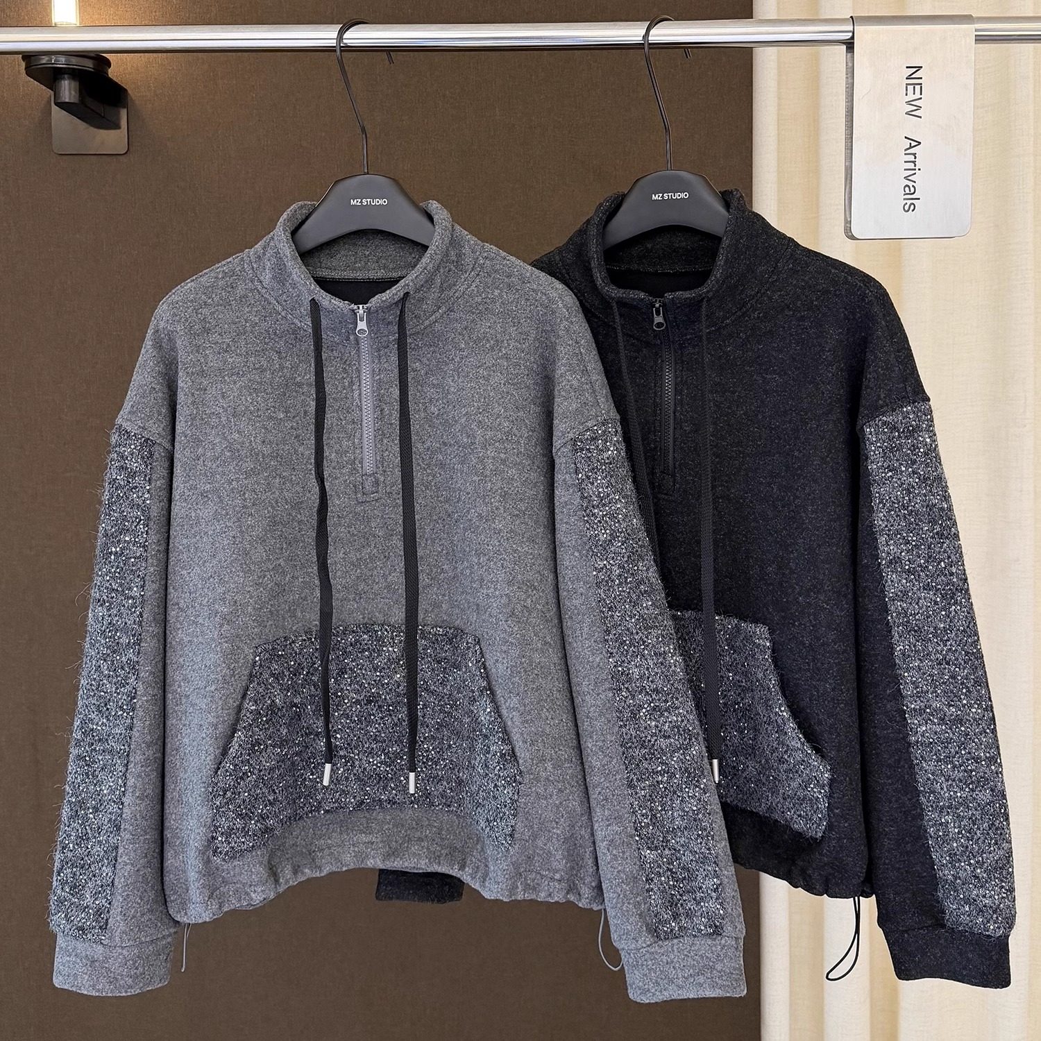 高端欧货冬季新款下摆抽绳立领拉链袋鼠兜亮片拼接加绒卫衣女上衣,女装/女士精品,卫衣/绒衫,淘宝优惠券,粉丝福利购,淘宝优惠卷