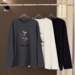 高端欧货冬季新款高级感巨好看的圆领卡通印花字母磨毛打底T恤女