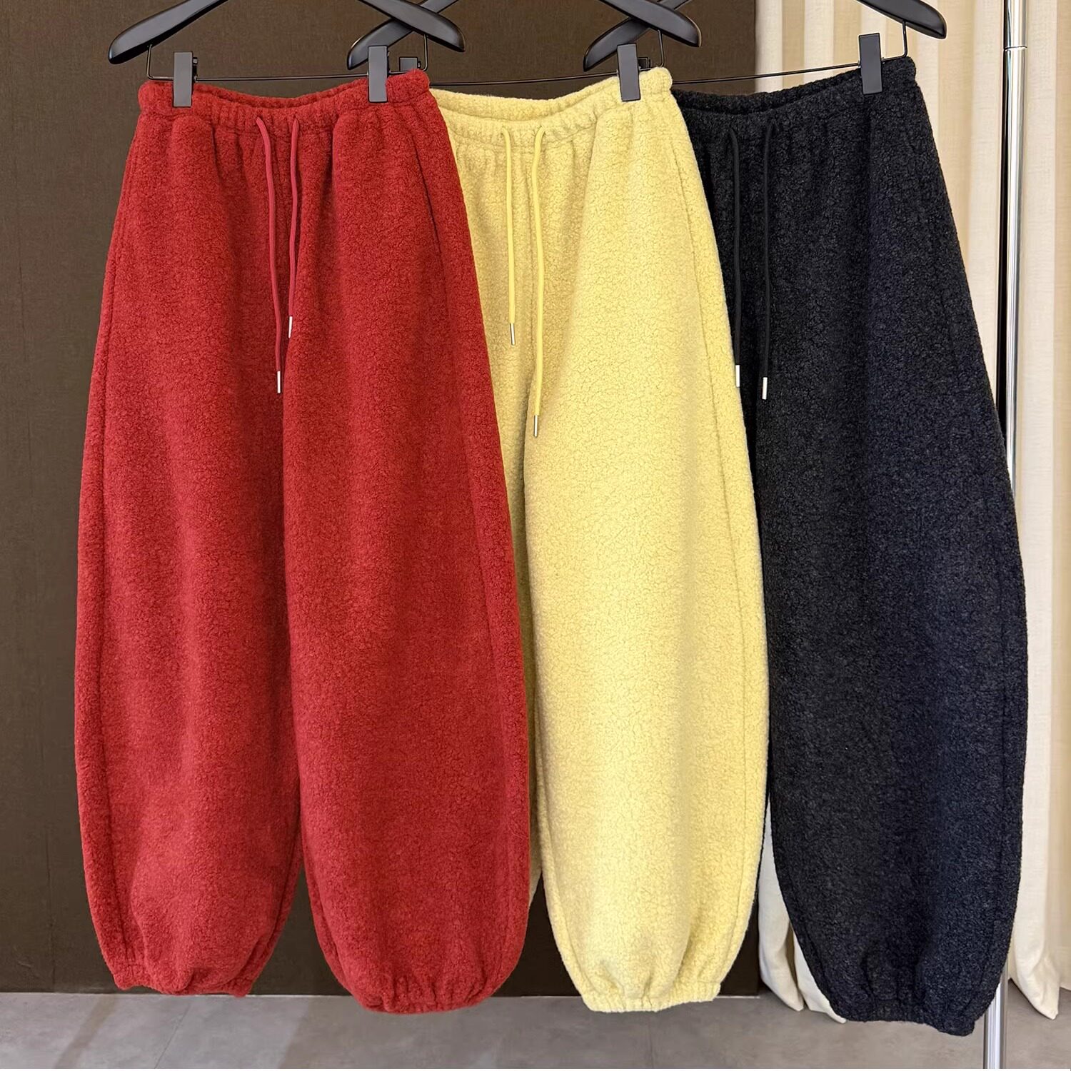 高端欧货新款松紧高腰绑带收口束脚休闲阔腿哈伦裤女冬羊羔毛卫裤