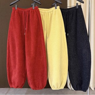 高端欧货新款松紧高腰绑带收口束脚休闲阔腿哈伦裤女冬羊羔毛卫裤