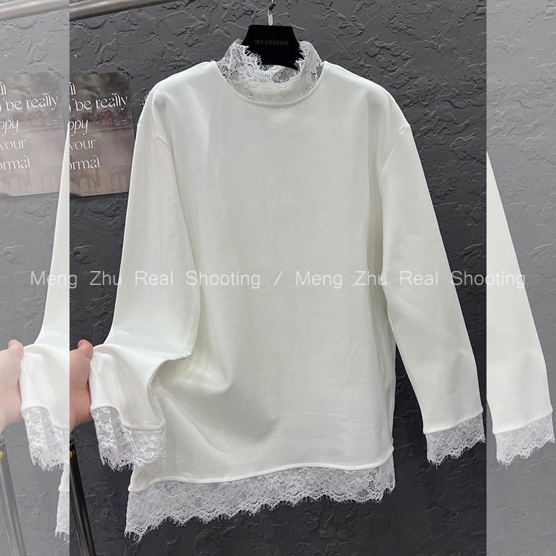 高端欧韩2024新款领口下摆蕾丝拼接长袖薄绒磨毛T恤女冬打底上衣,女装/女士精品,T恤,淘宝优惠券,粉丝福利购,淘宝优惠卷